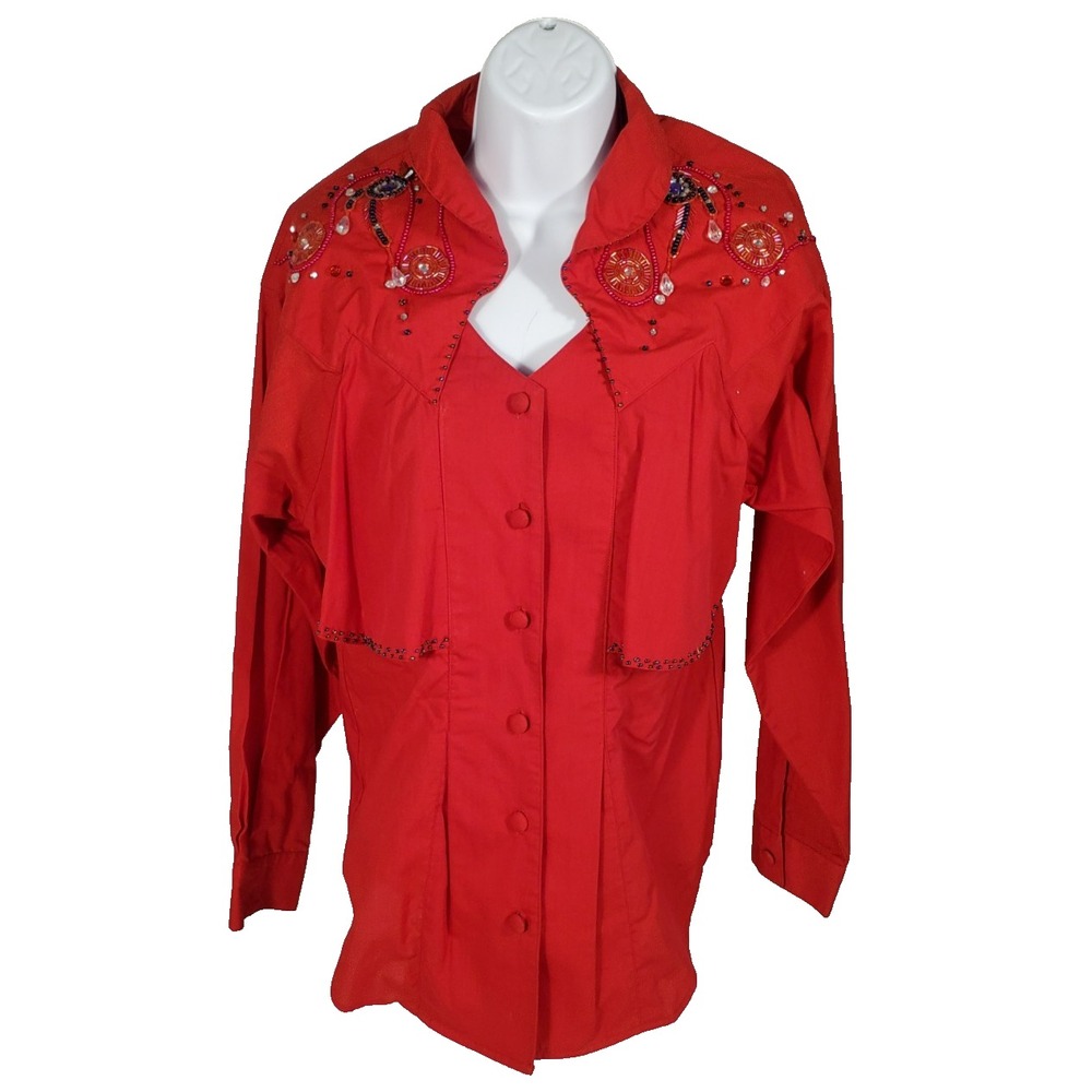 VTG 80's Wrangler Authentic Western Apparel Woman's M Beaded‎ Red Shirt